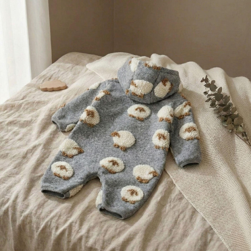 Lamb Plush Hooded Baby Romper - Cozy Grey