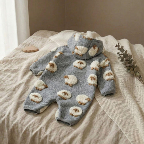 Lamb Plush Hooded Baby Romper - Cozy Grey