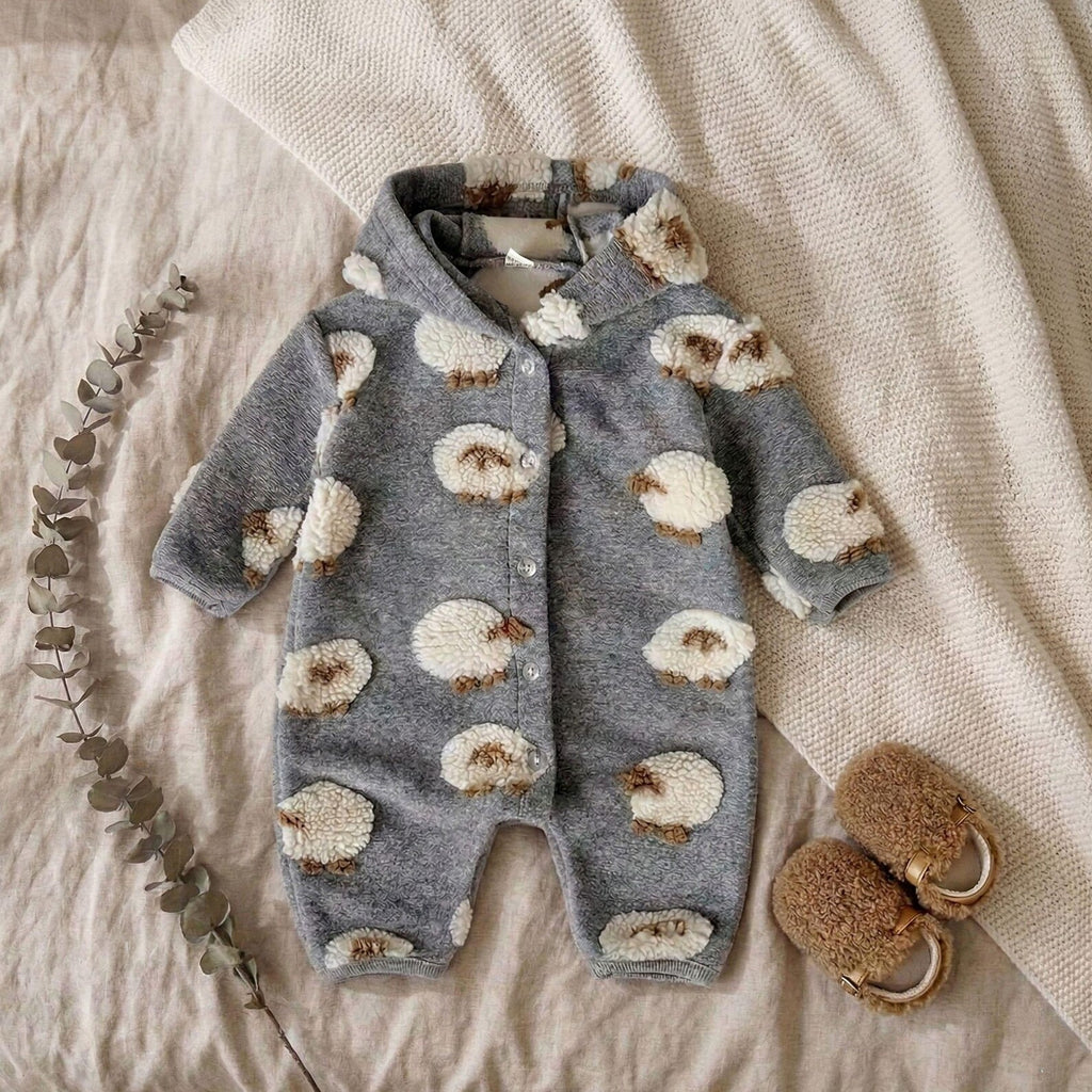 Lamb Plush Hooded Baby Romper - Cozy Grey