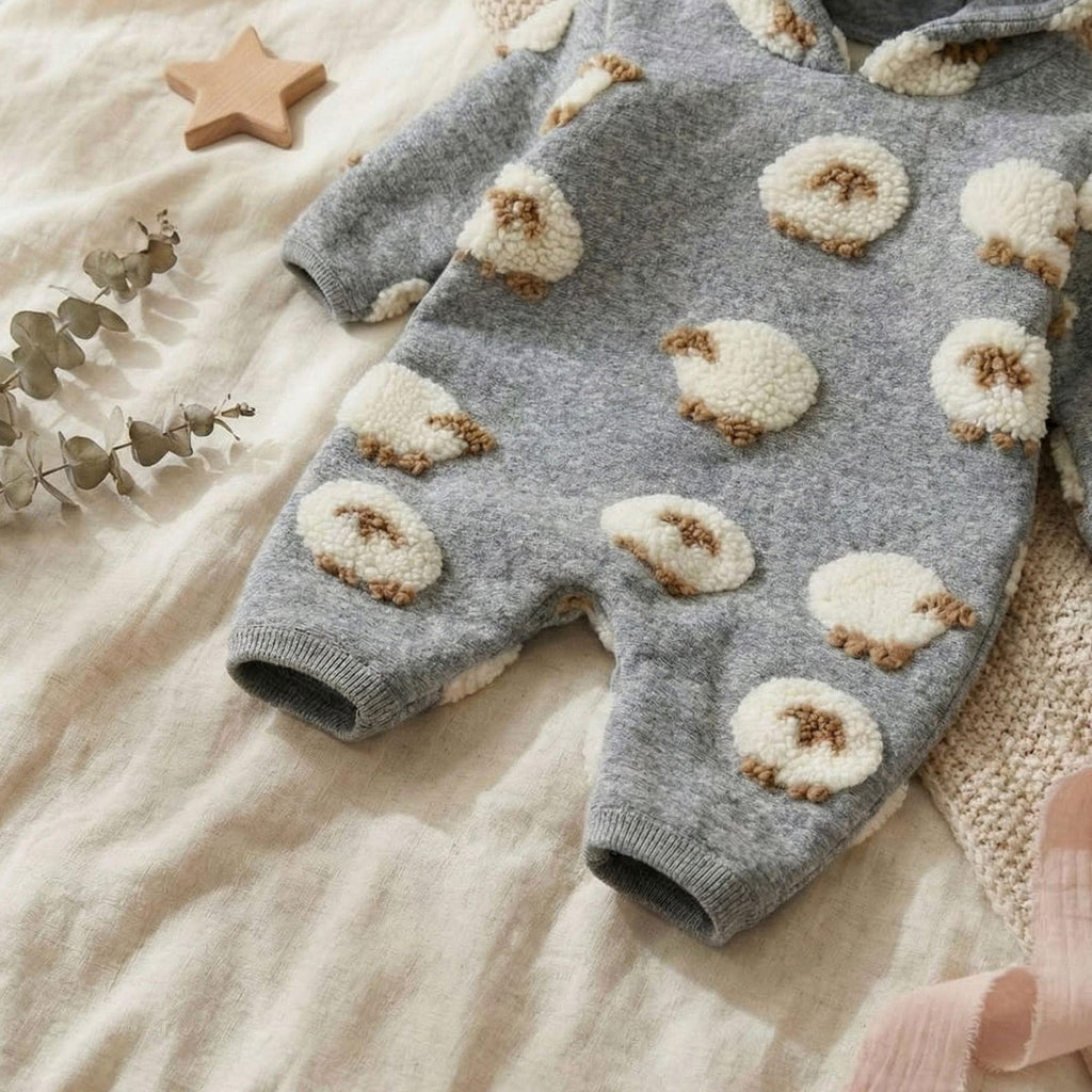 Lamb Plush Hooded Baby Romper - Cozy Grey