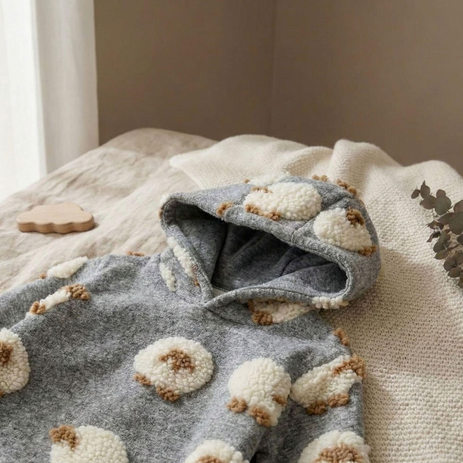 Lamb Plush Hooded Baby Romper - Cozy Grey