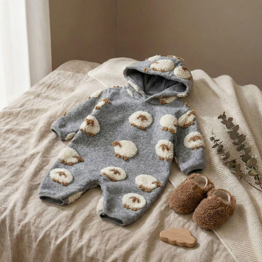 Lamb Plush Hooded Baby Romper - Cozy Grey