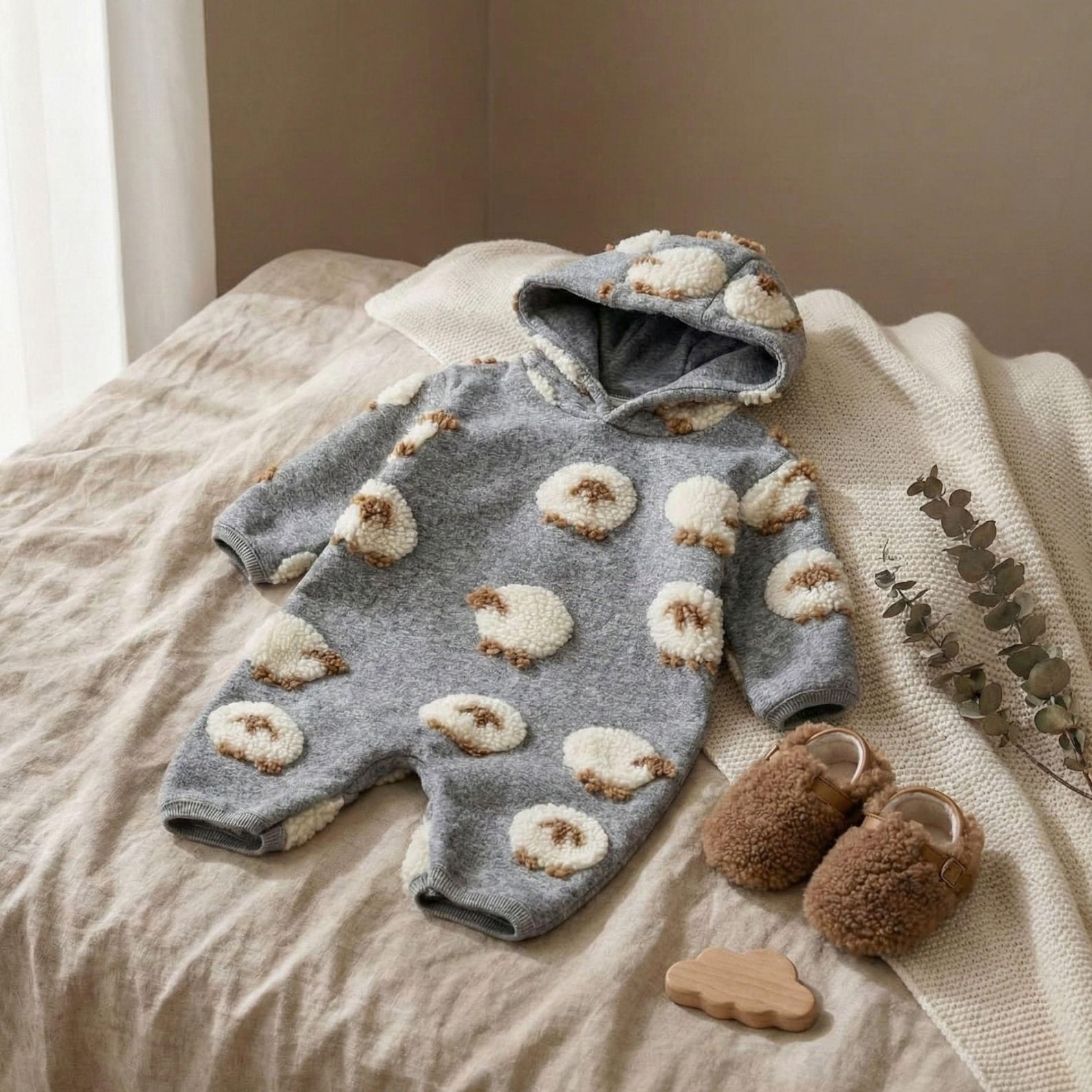 Lamb Plush Hooded Baby Romper - Cozy Grey