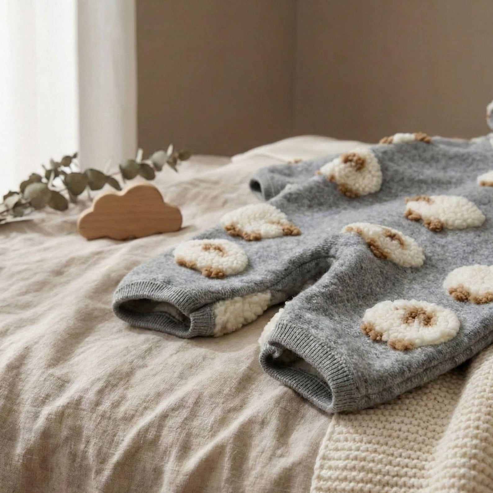 Lamb Plush Hooded Baby Romper - Cozy Grey