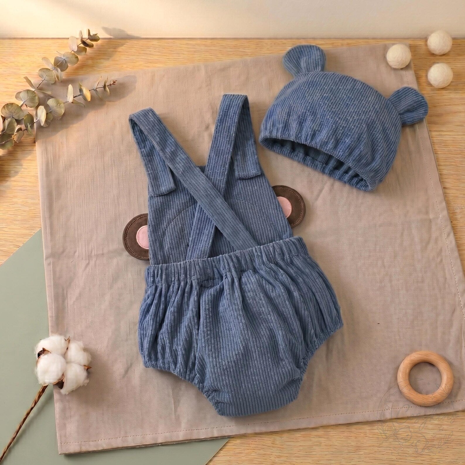 Monkey Knit Romper & Bear-Ear Hat Set - Steel Blue
