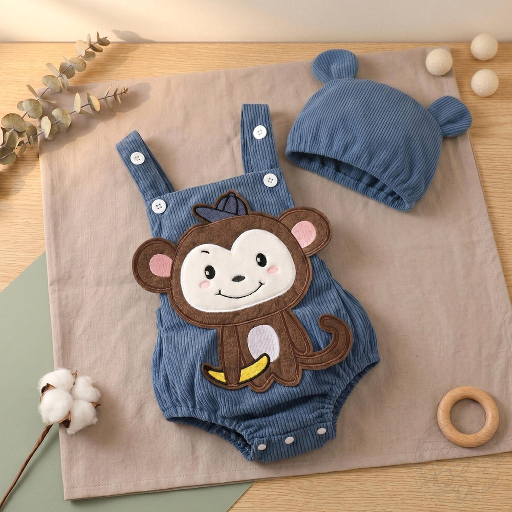 Monkey Knit Romper & Bear-Ear Hat Set - Steel Blue