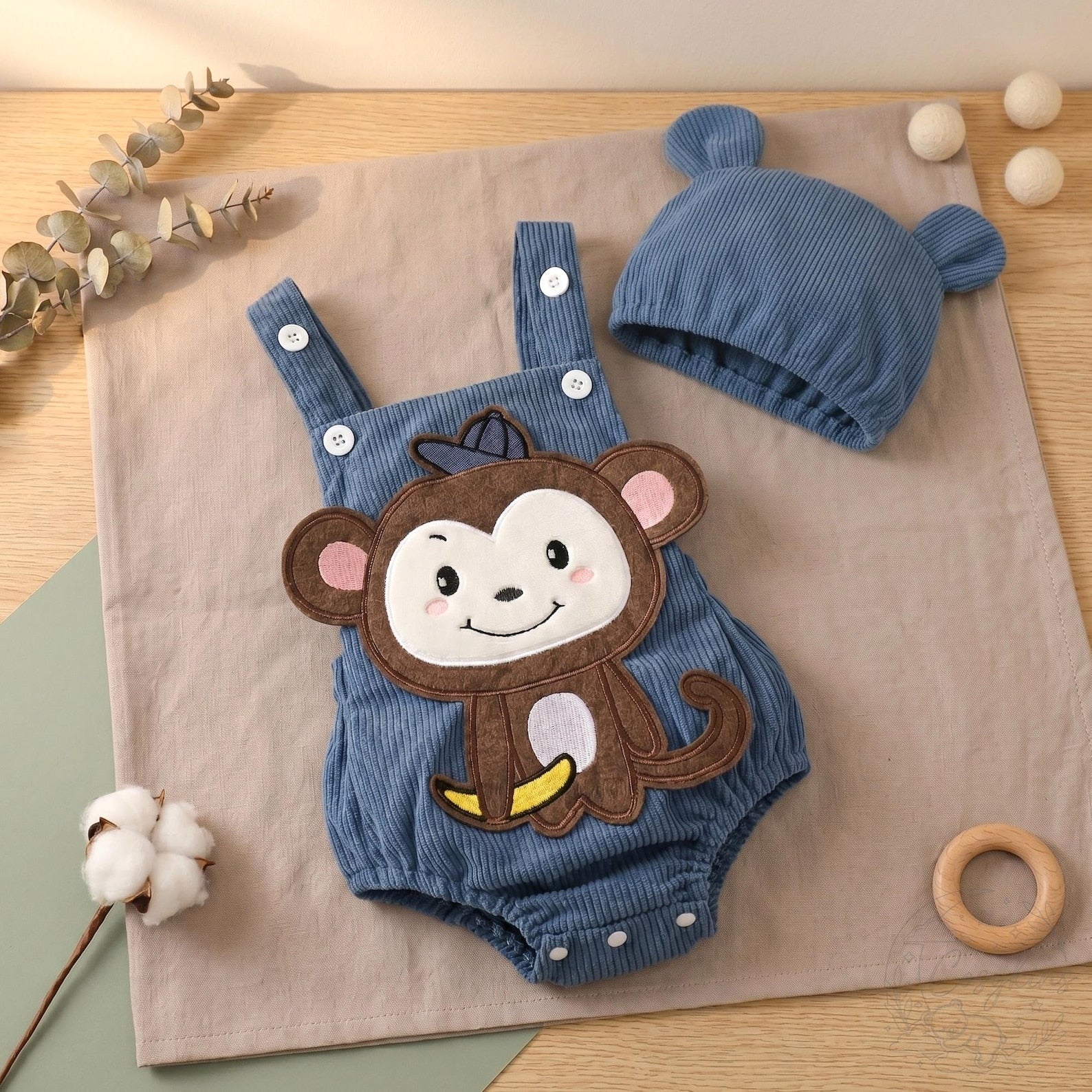 Monkey Knit Romper & Bear-Ear Hat Set - Steel Blue