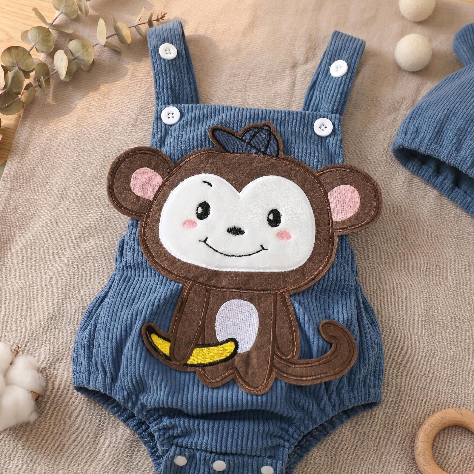 Monkey Knit Romper & Bear-Ear Hat Set - Steel Blue
