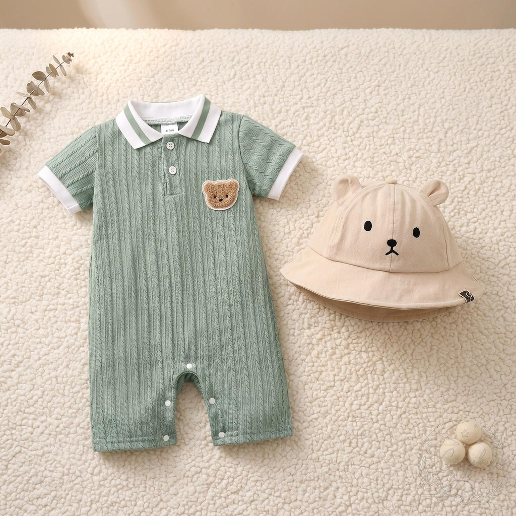 Bear Cable-Knit Romper & Bucket Hat Gift Set - Sage Green