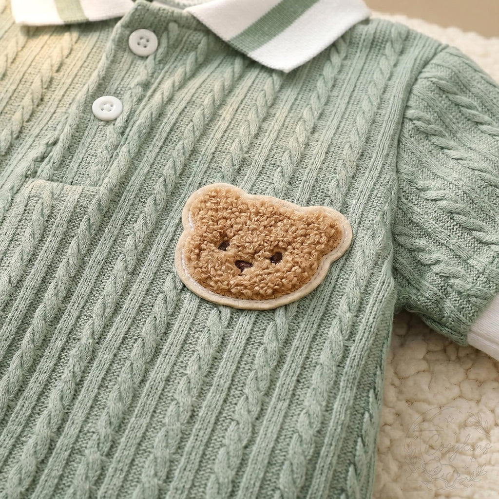 Bear Cable-Knit Romper & Bucket Hat Gift Set - Sage Green