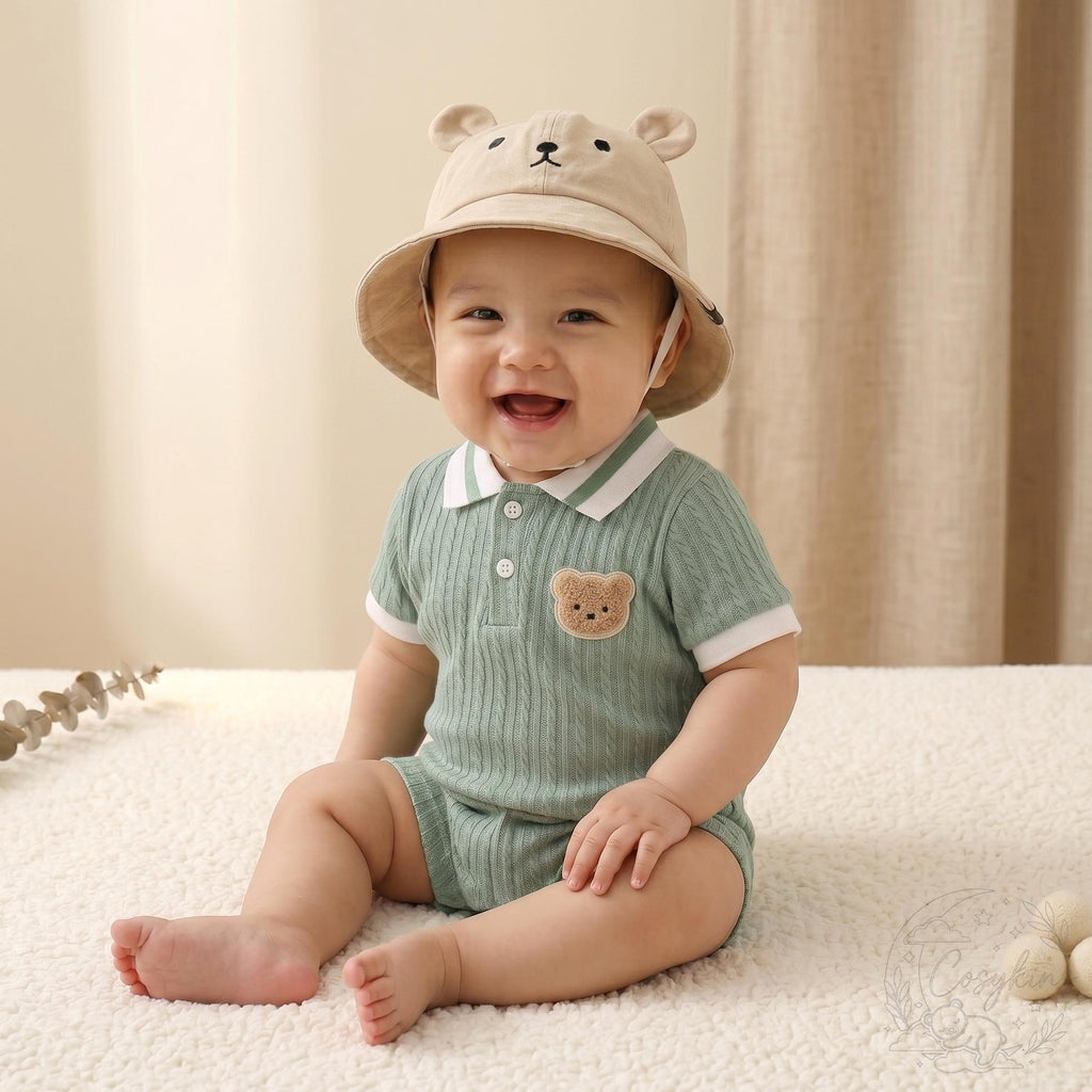Bear Cable-Knit Romper & Bucket Hat Gift Set - Sage Green