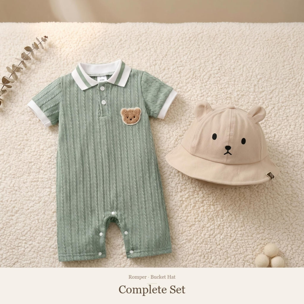 Bear Cable-Knit Romper & Bucket Hat Gift Set - Sage Green