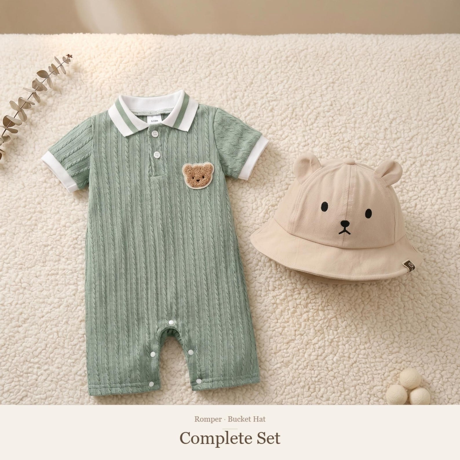 Bear Cable-Knit Romper & Bucket Hat Gift Set - Sage Green