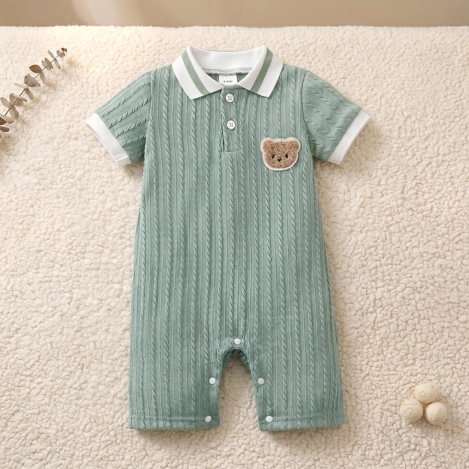 Bear Cable-Knit Romper & Bucket Hat Gift Set - Sage Green